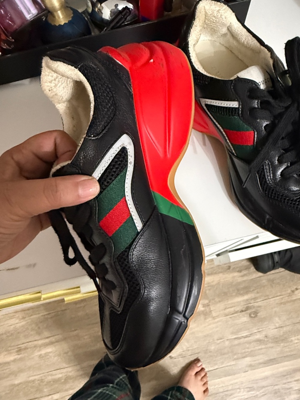 Gucci Black Leather Sneakers with Red and Green Web Stripe and Red Heel - Picture 7 of 8
